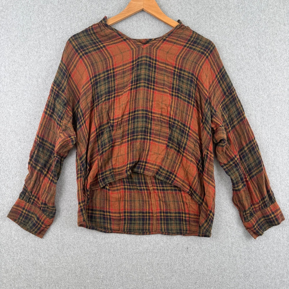 Madewell Top Womens Small Orange Plaid Wool Blend Long Sleeve V-Neck Hi-Low